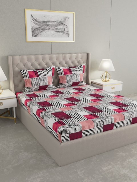 

Raymond Home White & Maroon Geometric 104 TC Queen Bedsheet with 2 Pillow Covers
