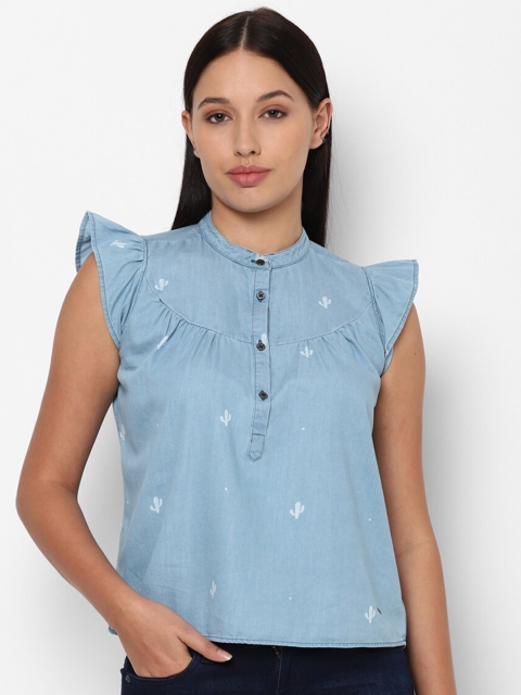 

Allen Solly Woman Blue Floral Mandarin Collar Regular Top