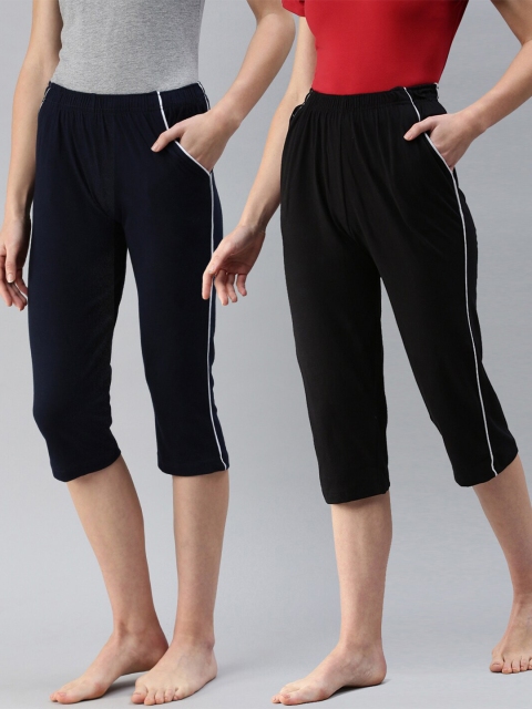 

NOT YET by us Pack of 2 Women Black & Navy Blue Lounge Capris