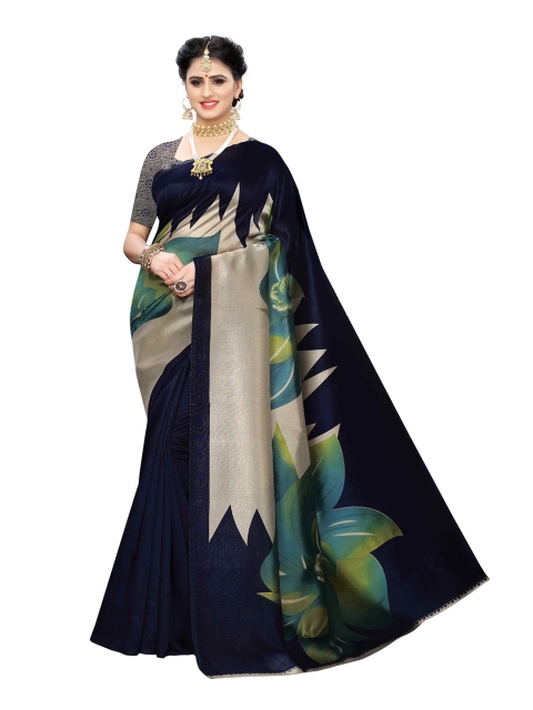 

MOKSHA DESIGNS Navy Blue & Grey Floral Pure Silk Saree