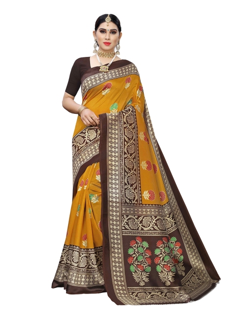 

MOKSHA DESIGNS Mustard & Brown Ethnic Motifs Printed Pure Silk Saree