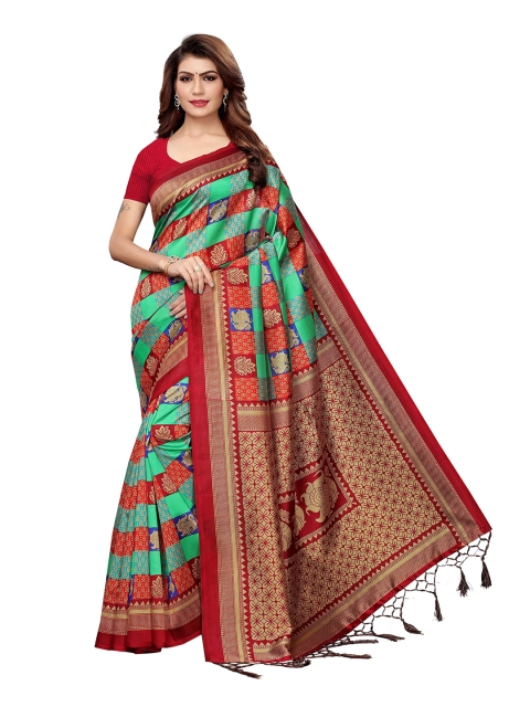 

MOKSHA DESIGNS Maroon & Sea Green Ethnic Motifs Printed Pure Silk Banarasi Saree