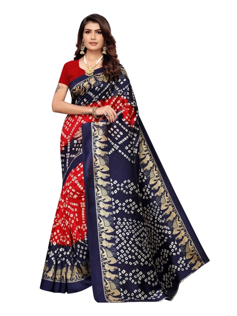 

MOKSHA DESIGNS Navy Blue & Red Bandhani Pure Silk Kanjeevaram Saree