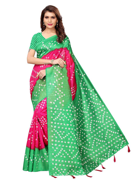 

MOKSHA DESIGNS Green & Pink Bandhani Pure Silk Saree