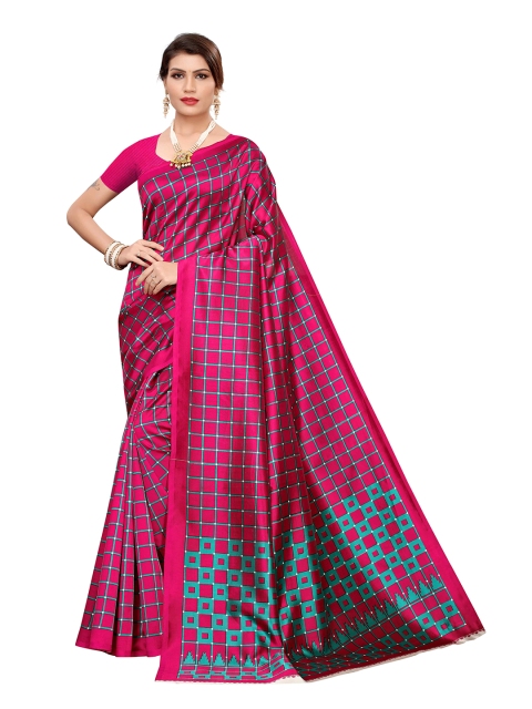 

MOKSHA DESIGNS Magenta & Turquoise Blue Checked Pure Silk Kanjeevaram Saree