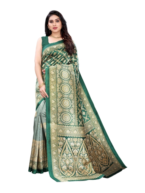 

MOKSHA DESIGNS Green & Gold-Toned Ethnic Motifs Printed Pure Silk Saree