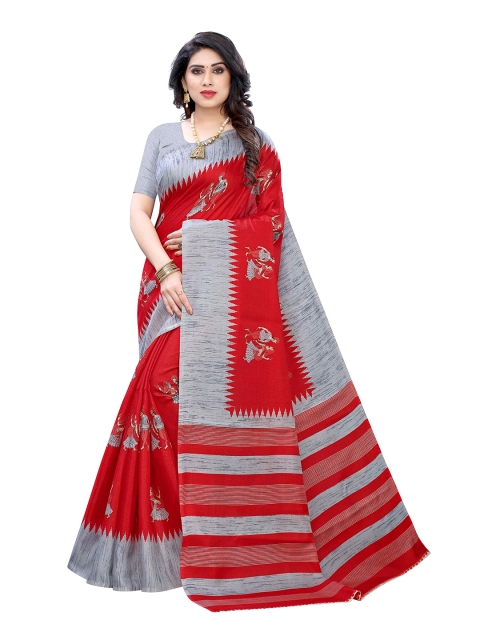 

MOKSHA DESIGNS Red & Grey Ethnic Motifs Pure Silk Saree