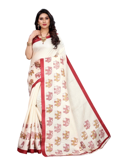 

MOKSHA DESIGNS White & Red Ethnic Motifs Printed Pure Silk Kanjeevaram Saree