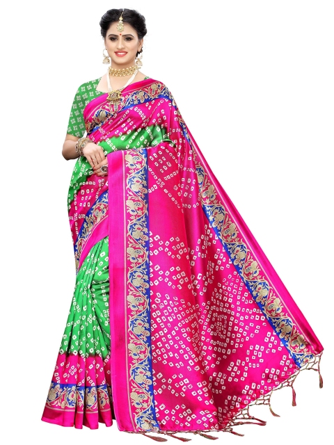 

MOKSHA DESIGNS Pink & Green Bandhani Pure Silk Saree