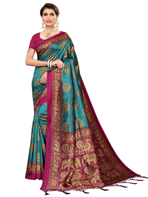 

MOKSHA DESIGNS Blue & Pink Ethnic Motifs Zari Pure Silk Banarasi Handloom Saree