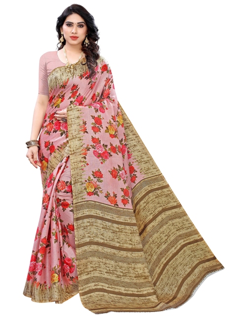 

MOKSHA DESIGNS Pink & Red Floral Printed Pure Silk Kanjeevaram Saree