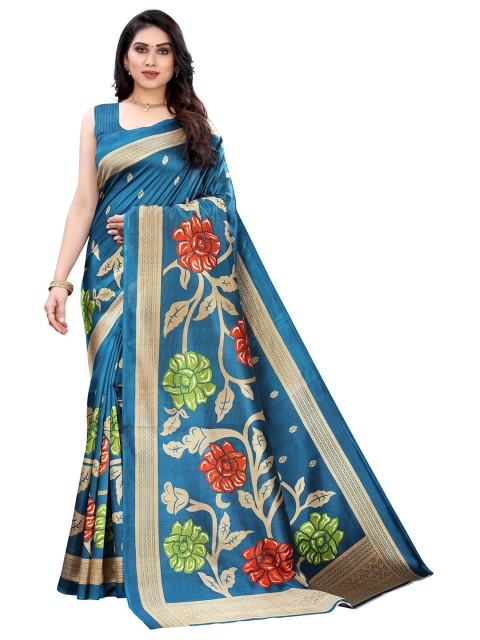 

MOKSHA DESIGNS Turquoise Blue & Beige Floral Pure Silk Kanjeevaram Saree
