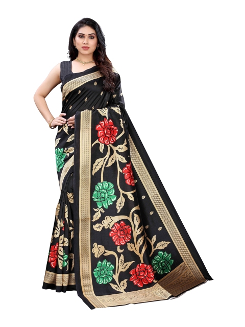 

MOKSHA DESIGNS Black & Gold-Toned Floral Pure Silk Kanjeevaram Saree