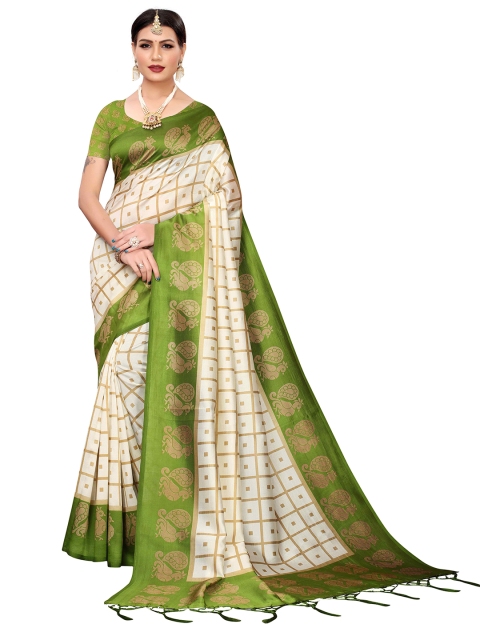 

MOKSHA DESIGNS Olive Green & White Checked Pure Silk Handloom Saree