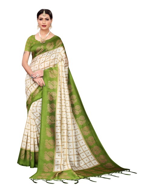 

MOKSHA DESIGNS Cream & Green Checked Pure Silk Saree