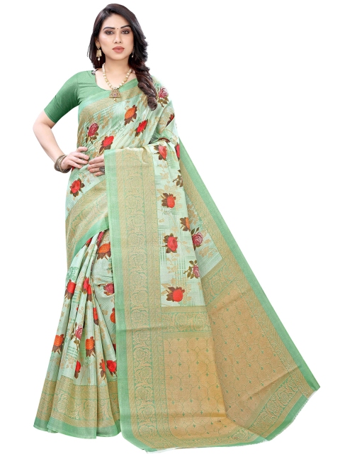 

MOKSHA DESIGNS Green & Red Floral Printed Pure Silk Kanjeevaram Saree