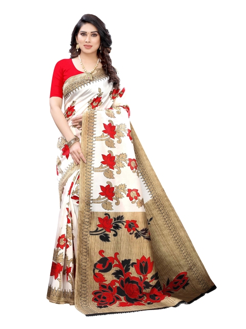 

MOKSHA DESIGNS White & Red Floral Banarasi Pure Silk Saree