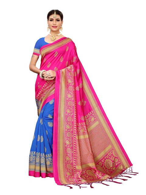 

MOKSHA DESIGNS Pink & Blue Ethnic Motifs Printed Pure Silk Kanjeevaram Saree