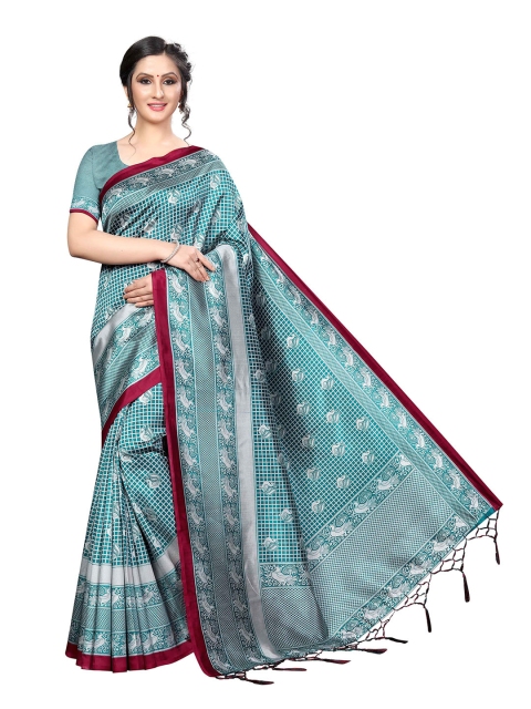 

MOKSHA DESIGNS Turquoise Blue & White Ethnic Motifs Handloom Silk Banarasi Saree