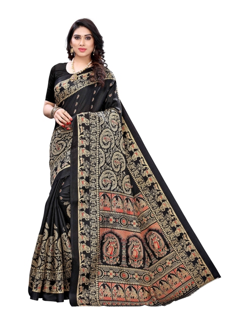 

MOKSHA DESIGNS Black & Gold-Toned Ethnic Motifs Printed Pure Silk Banarasi Saree