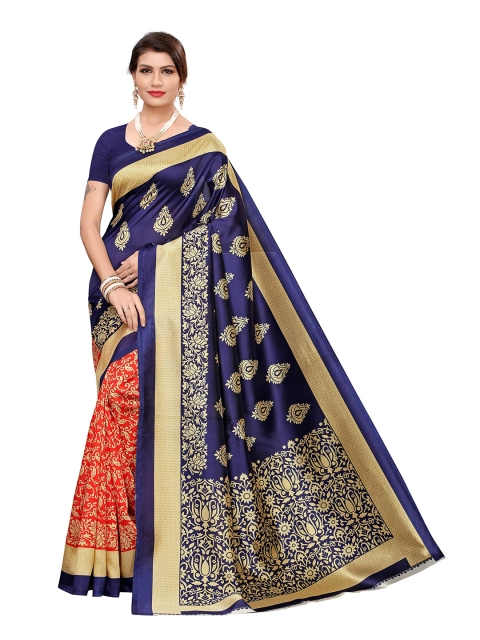 

MOKSHA DESIGNS Red & Navy Blue Ethnic Motifs Pure Silk Saree