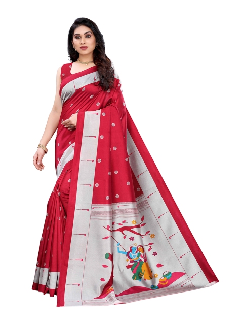 

MOKSHA DESIGNS Red & Silver-Toned Ethnic Motifs Pure Handloom Silk Saree