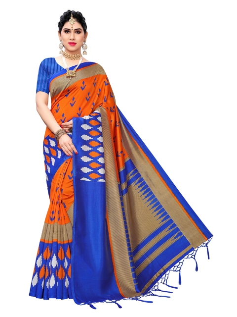 

MOKSHA DESIGNS Orange & Blue Floral Pure Silk Banarasi Saree