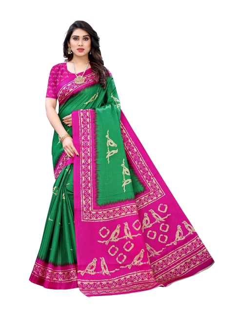 

MOKSHA DESIGNS Green & Pink Batik Printed Banarasi Pure Silk Saree
