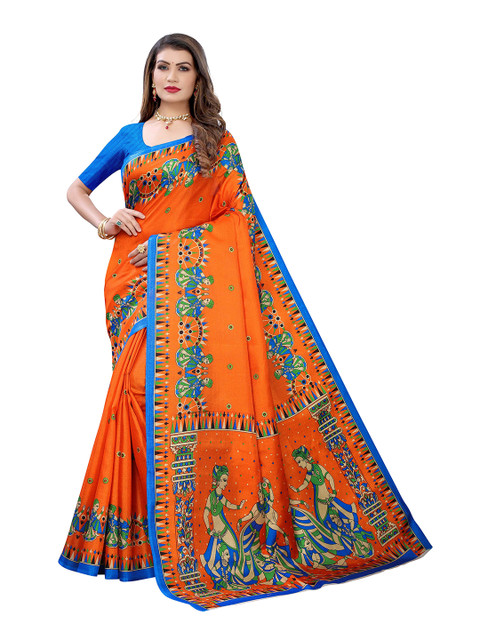 

MOKSHA DESIGNS Orange & Blue Ethnic Motifs Pure Silk Saree