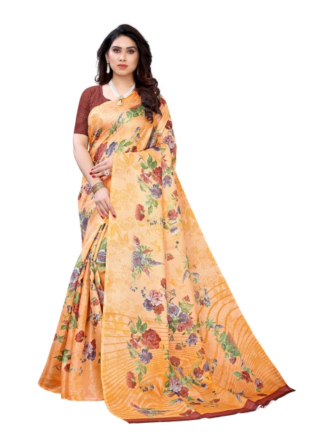

MOKSHA DESIGNS Orange & Purple Floral Pure Silk Kanjeevaram Saree