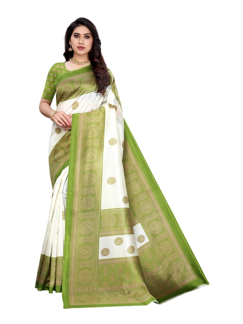 

MOKSHA DESIGNS White & Green Ethnic Motifs Handloom Silk Banarasi Saree