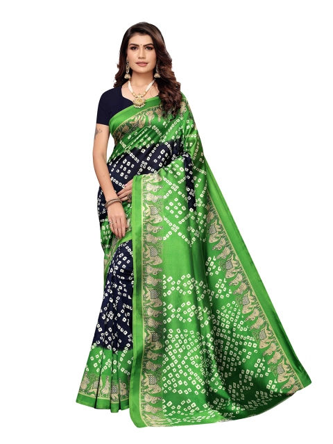 

MOKSHA DESIGNS Green & Navy Blue Bandhani Pure Silk Handloom Kanjeevaram Saree
