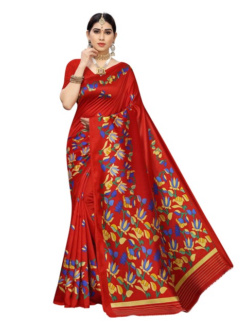 

MOKSHA DESIGNS Red & Blue Floral Pure Silk Kanjeevaram Handloom Saree