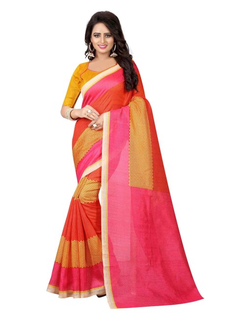 

MOKSHA DESIGNS Pink & Yellow Colourblocked Pure Silk Kanjeevaram Saree