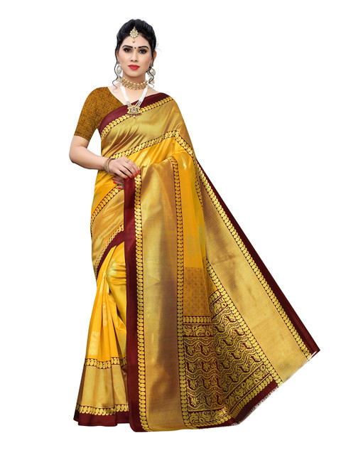

MOKSHA DESIGNS Yellow & Maroon Ethnic Motifs Zari Pure Silk Banarasi Handloom Saree