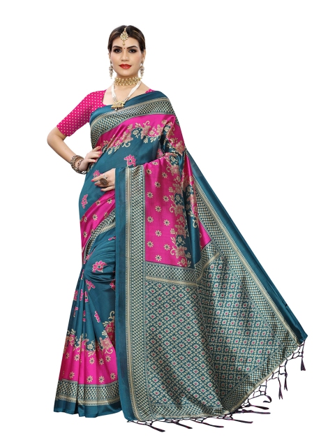 

MOKSHA DESIGNS Turquoise Blue & Pink Floral Pure Silk Banarasi Saree