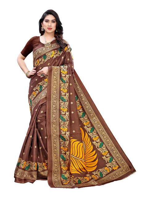 

MOKSHA DESIGNS Coffee Brown & Yellow Ethnic Motifs Printed Pure Silk Saree