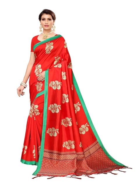 

MOKSHA DESIGNS Red & Green Floral Pure Silk Banarasi Saree