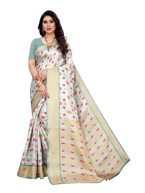 

MOKSHA DESIGNS Blue & White Floral Zari Pure Silk Banarasi Saree