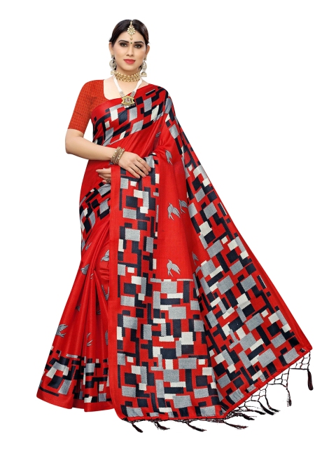 

MOKSHA DESIGNS Red & Grey Printed Handloom Silk Banarasi Saree