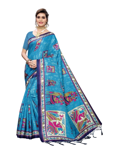 

MOKSHA DESIGNS Turquoise Blue & Pink Ethnic Motifs Pure Handloom Silk Saree