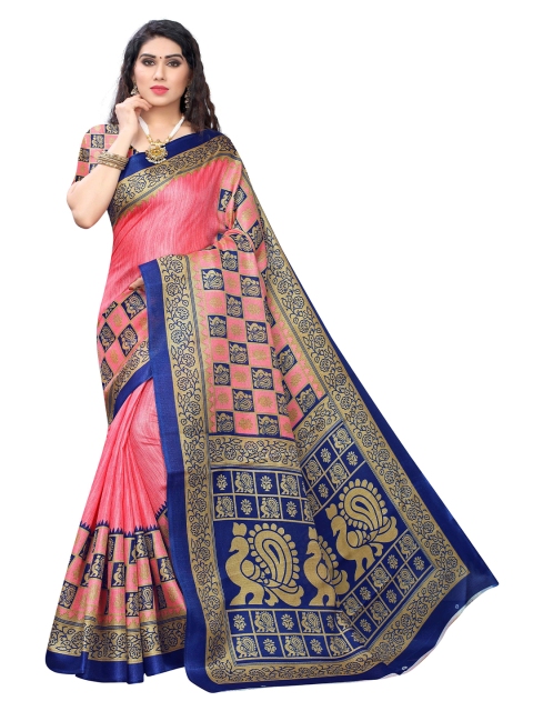 

MOKSHA DESIGNS Pink & Blue Ethnic Motifs Pure Silk Kanjeevaram Saree