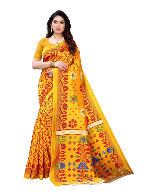 

MOKSHA DESIGNS Yellow & Red Geometric Printed Pure Silk Saree
