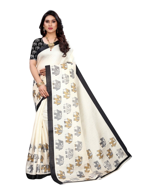 

MOKSHA DESIGNS Cream-Coloured & Black Ethnic Motifs Kanjeevaram Pure Silk Saree