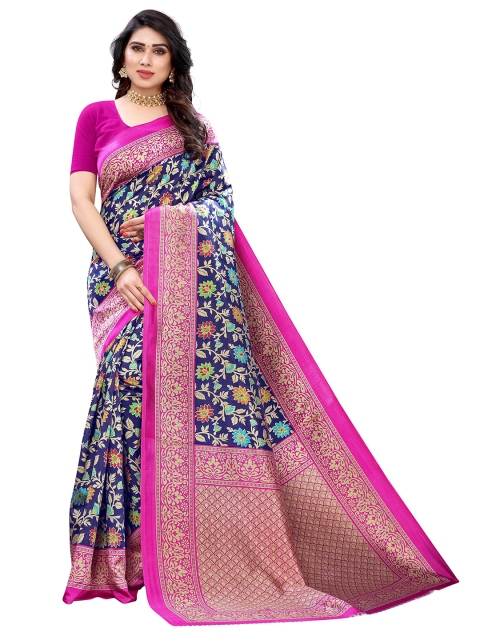 

MOKSHA DESIGNS Navy Blue & Magenta Floral Pure Silk Banarasi Saree