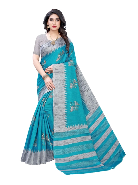 

MOKSHA DESIGNS Blue & Grey Warli Printed Pure Silk Kanjeevaram Saree