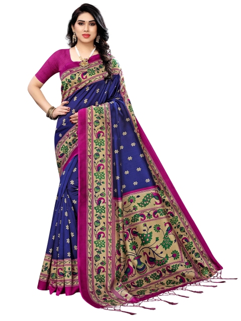 

MOKSHA DESIGNS Navy Blue & Pink Ethnic Motifs Printed Pure Silk Kanjeevaram Saree