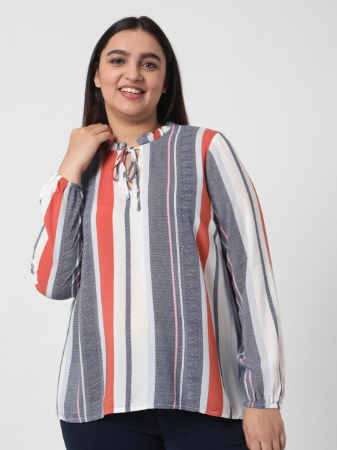 

Vero Moda Grey & Off White Striped Tie-Up Neck Regular Top