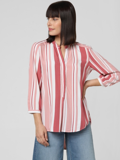 

Vero Moda Pink & White Striped Mandarin Collar High-Low Top