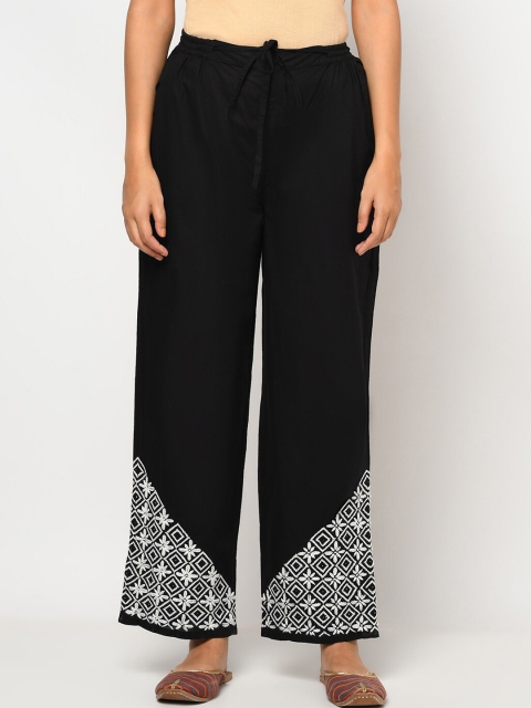 

Fabindia Women Black & White Floral Embroidered Cotton Trousers